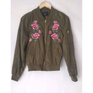 Love Tree Olive Green Bomber Jacket Embroidered Floral Zipper Boho Size Medium